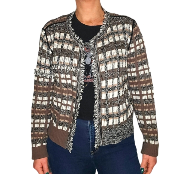 Cabi Open Cotton Tweed Long Sleeve Cardigan Size Medium Brown Striped - Picture 1 of 4